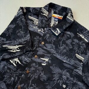 Havana Jack's Cafe L Silk Button Up Shirt Mens Black Seaplane Tropical Print